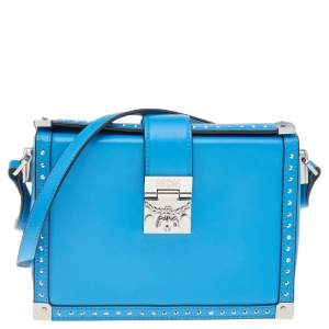 MCM Blue Leather Studded Box Shoulder Bag