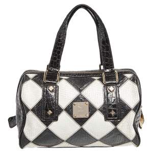 Pre Owned MCM Black & White Diamond Pattern Leather Enamel Satchel