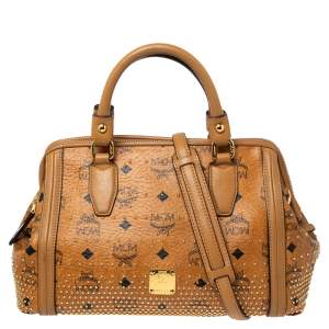 MCM Cognac Visetos Coated Canvas and Leather Studded Satchel