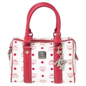MCM White/Pink Visetos Leather Boston Bag