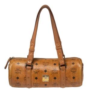 Pre Owned MCM Cognac Visetos Coated Canvas and Leather Essential Barrel Bag