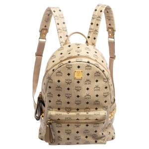 MCM Light Beige Visetos Coated Canvas And Leather Studded Stark Backpack