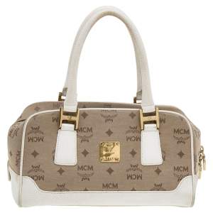 MCM Beige/White Visetos Canvas and Leather Satchel