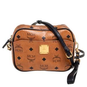 MCM Tan Visetos Coated Canvas And Leather Double Zip Camera Crossbody Bag