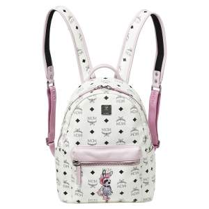 MCM White/Pink Visetos Rabbit Print Coated Canvas Small Stark Backpack