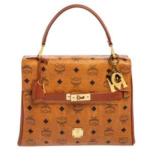 MCM Cognac Visetos Coated Canvas and Leather Heritage Top Handle Bag