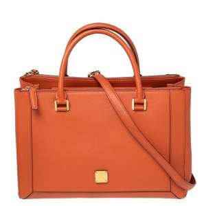 MCM Orange Leather Double Zip Tote