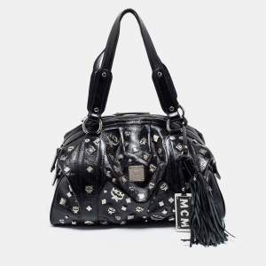 MCM Black Patent Leather Studded Fringe Satchel