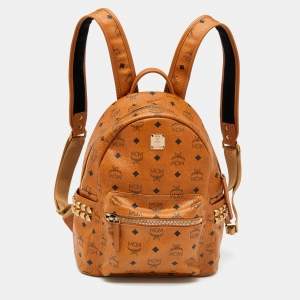 MCM Tan Coated Canvas And Leather Small Studded Stark Backpack