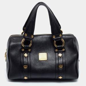 MCM Black Leather Vintage Studded Logo Motifs Boston Bag