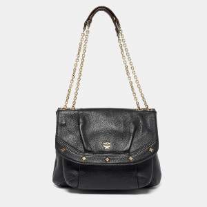 MCM Black Leather Chain-Link Shoulder Bag