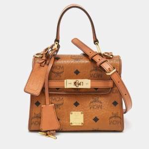 MCM Cognac Visetos Coated Canvas and Leather Mini Heritage Top Handle Bag