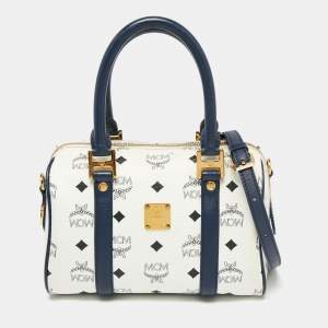 Pre Owned MCM White/Navy Blue Visetos Coated Canvas and Leather Boston Bag
