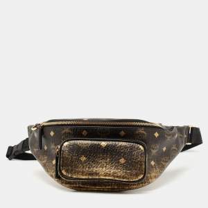 MCM Black/Gold Leather Logo Printed Belt Bag