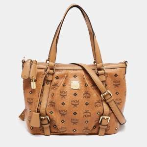 MCM Cognac Visetos Coated Canvas and Leather Zip Tote