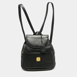 MCM Black Leather Front Pocket Flap Backpack