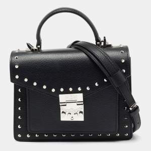 MCM Black Leather Patricia Studded Top Handle Bag