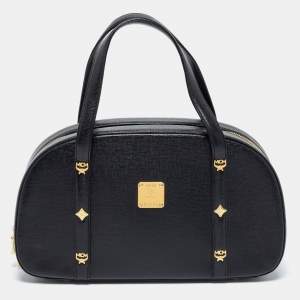 MCM Black Leather Motif Dome Satchel
