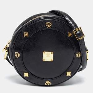 MCM Black Leather Studded Tambourine Round Crossbody Bag