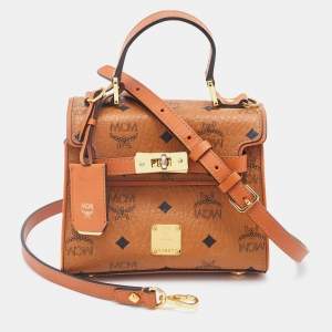 MCM Brown Visetos Coated Canvas and Leather Embellished Mini Heritage Top Handle Bag