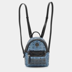 MCM Blue Visetos Coated Canvas Mini Stark Studded Backpack
