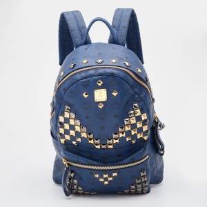 Pre Owned MCM Blue Visetos Coated Canvas and Leather Studs Backpack