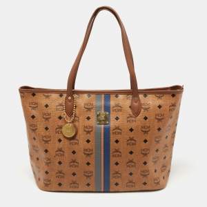 Pre Owned MCM Tan Striped Visetos Coated Canvas and Leather Shopper Tote