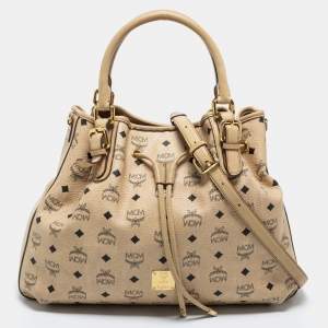 MCM Beige Visetos Coated Canvas and Leather Drawstring Tote