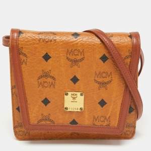 MCM Cognac Visetos Coated Canvas and Leather Flap Crossbody Bag
