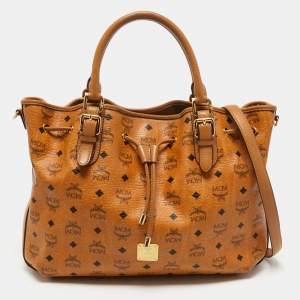 MCM Brown Cognac Visetos Coated Canvas Drawstring Bucket Bag
