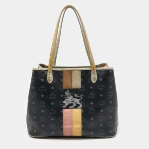 MCM Dark Blue/Gold Visetos Coated Canvas Princess Lion Shopper Tote