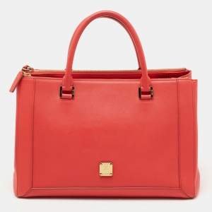 MCM Coral Orange Leather Large Nuovo Tote