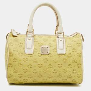 MCM Lime/White Visetos Coated Canvas and Leather Boston Bag