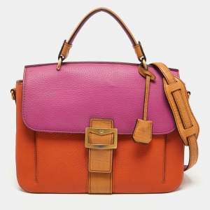 MCM Orange/Pink Croc Embossed and Leather Buckle Flap Top Handle Bag