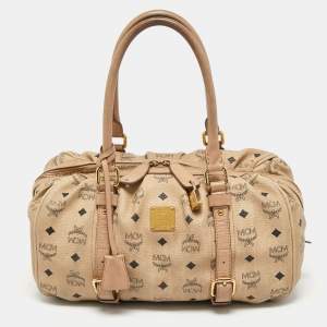 MCM Cognac Visetos Coated Canvas and Leather Boston Bag