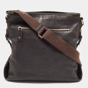 MCM Dark Brown Logo Embossed Leather Messenger Bag