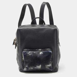 MCM Navy Blue Leather and Calfhair Front Pocket Backpack