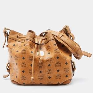 MCM Brown Visetos Coated Canvas and Leather Drawstring Bucket Bag
