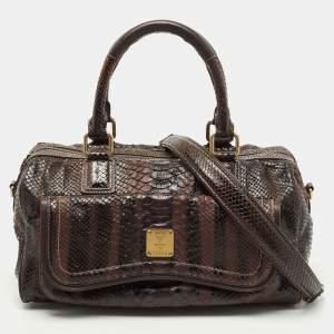 MCM Dark Brown Python Embossed Leather Front Pocket Satchel