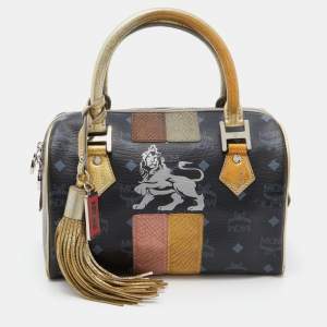 MCM Black/Gold Visetos Coated Canvas, Snakeskin Embossed and Leather Princess Lion Boston Bag
