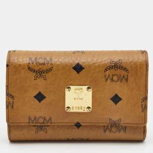 MCM Cognac Visetos Coated Canvas Flap Trifold Wallet