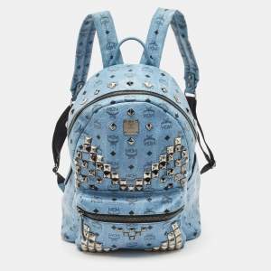 MCM Light Blue Visetos Coated Canvas and Leather Studs Backpack