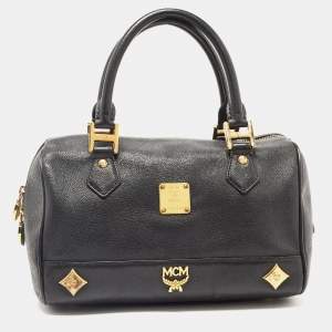 MCM Black Leather Embellished Boston Bag