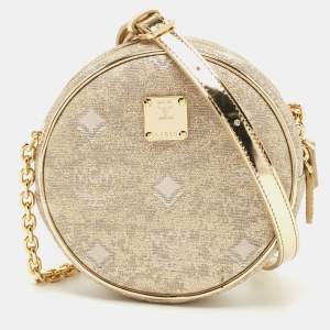 MCM Beige/Gold Lurex Fabric and Laminated Leather Round Crossbody Bag