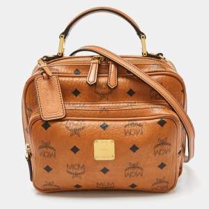 MCM Cognac Visetos Coated Canvas and Leather Top Handle Bag