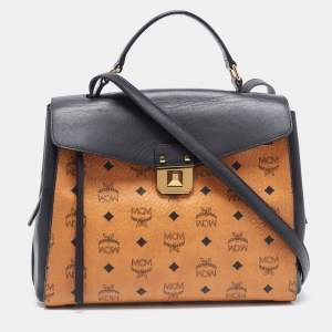 MCM Black/Cognac Visetos Leather Top Handle Bag