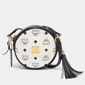 MCM Navy Blue/White Visetos Coated Canvas and Leather Tambourine Round Bag