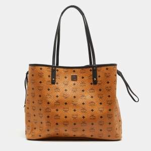 MCM Cognac/Red Visetos Coated Canvas, Leather and Fabric Studded Reversible Tote
