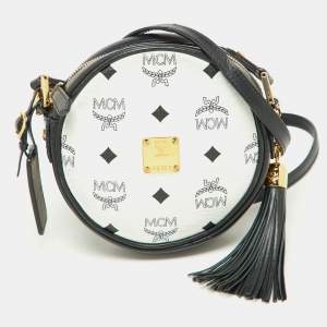 MCM Navy Blue/White Visetos Coated Canvas and Leather Tambourine Round Bag