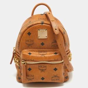 MCM Cognac Visetos Coated Canvas Mini Studded Stark Bebe Boo Backpack